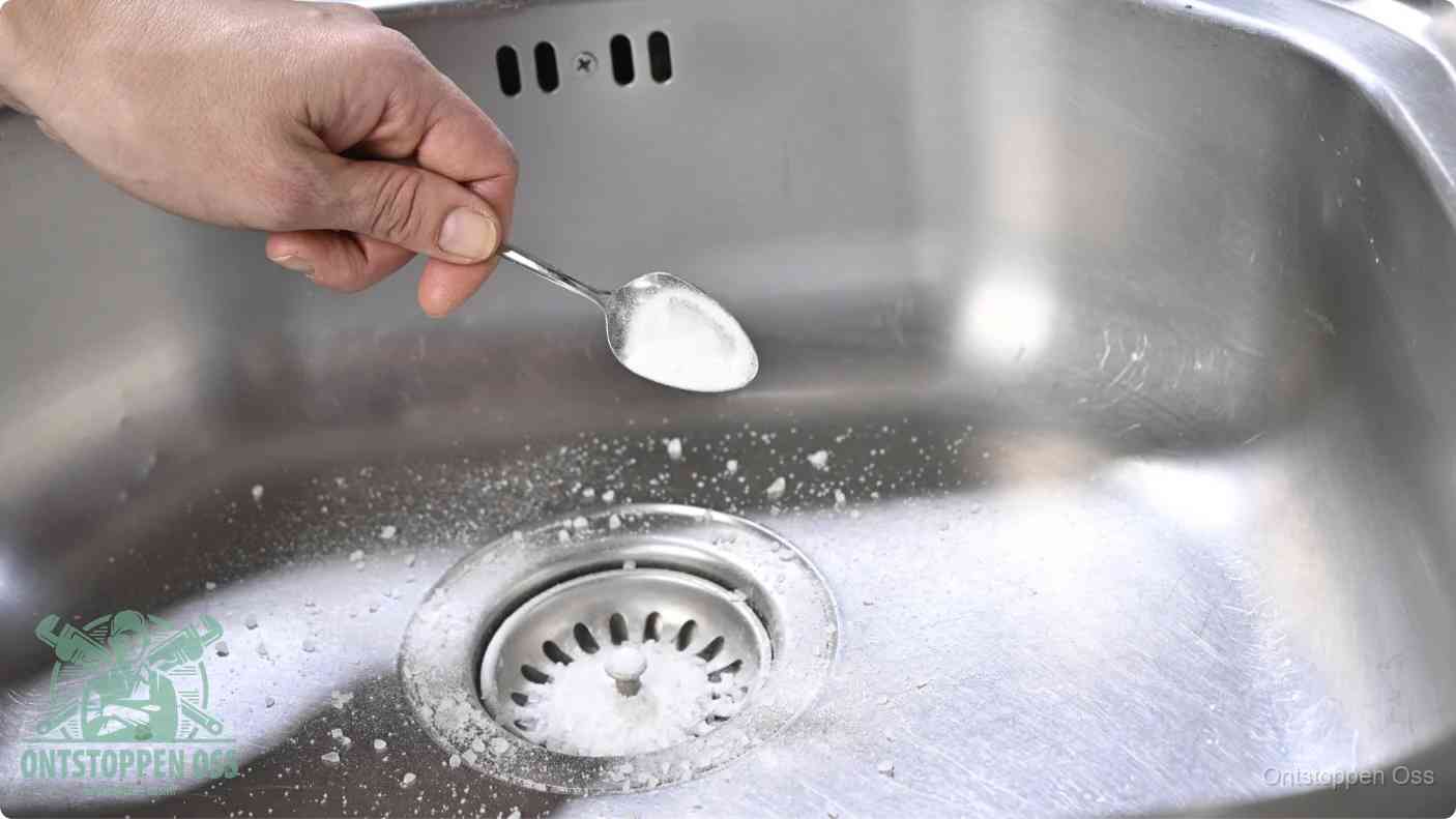 Een hand strooit met een lepel soda in de afvoer van een roestvrijstalen spoelbak, de soda en azijn huismiddel-methode om de afvoer te ontstoppen in Oss